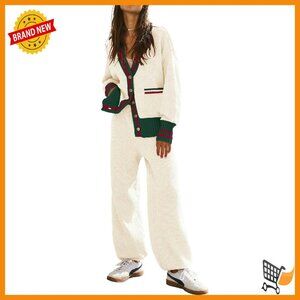 Cozy Knit Cardigan & Pants Lounge Set - Soft Waffle Fabric - V Neck